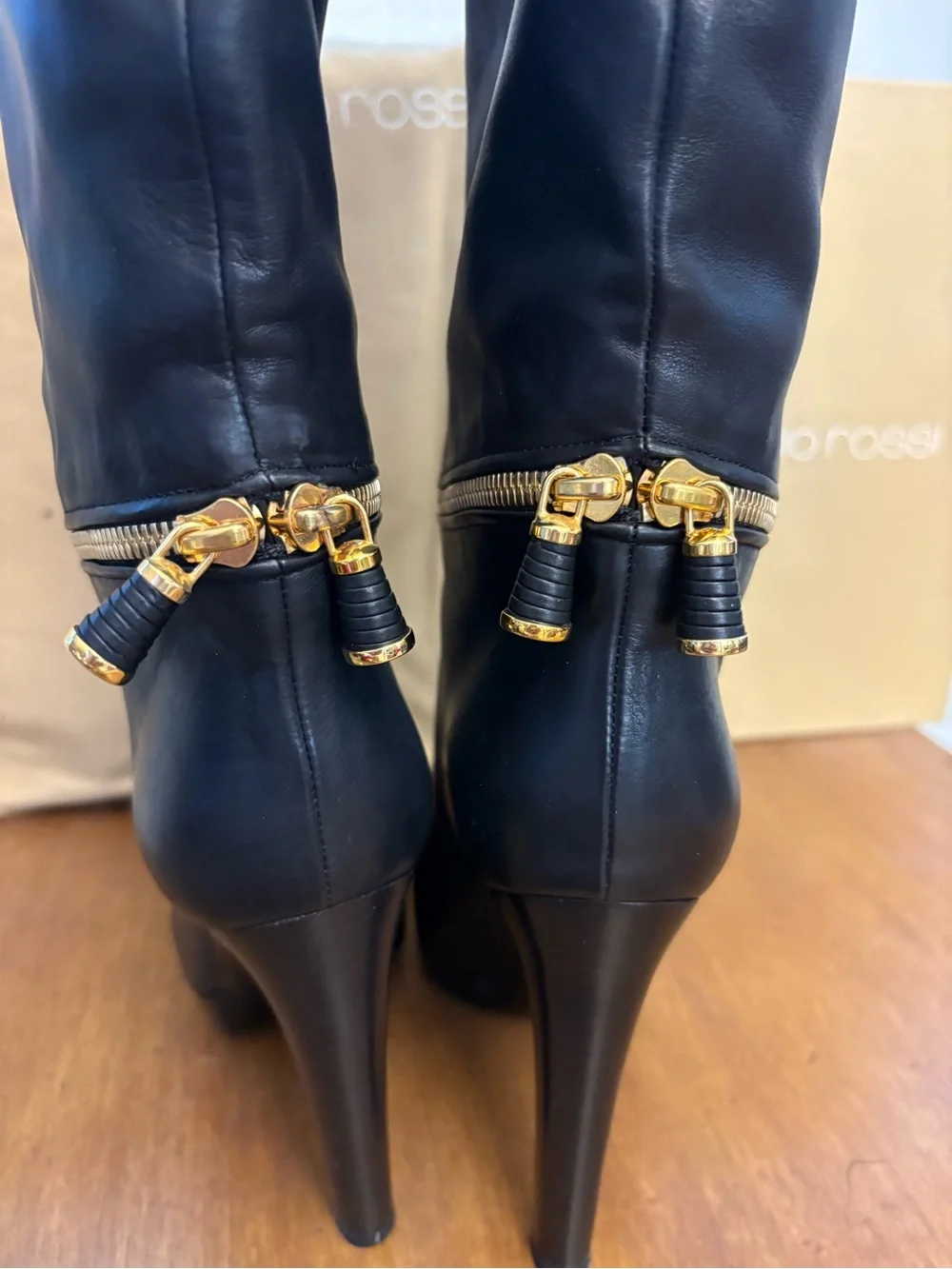 Sergio Rossi  Black Leather Over-the-Knee Zip-Detail Boots size 38.5